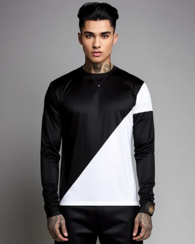 Long sleeve jersey top in black and white