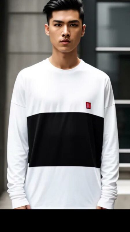 Oversized long sleeve jersey top in white and black
