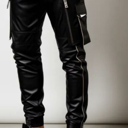 Leather black trouser with zip detail.