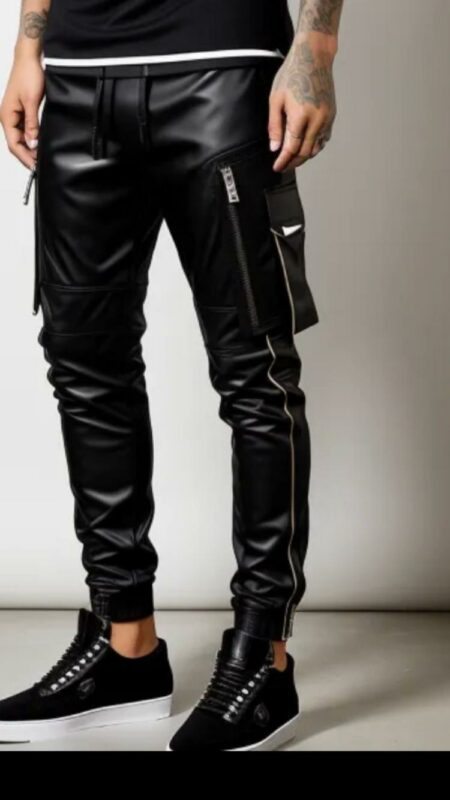 Leather black trouser with zip detail.