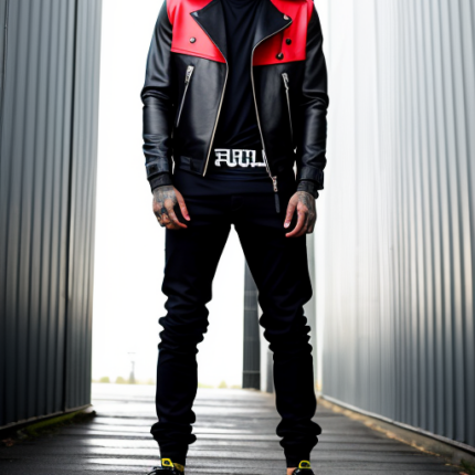 Biker style jacket in black and contrast red panel.