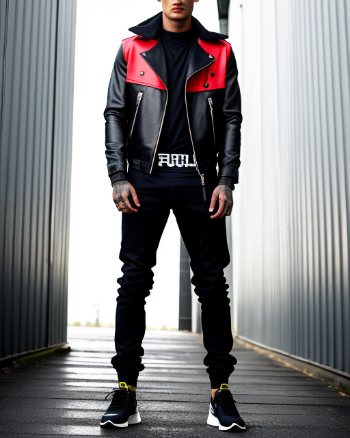 Biker style jacket in black and contrast red panel.