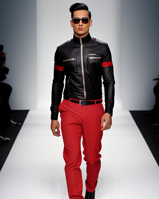 Biker style leather jacket in black with red and silver .