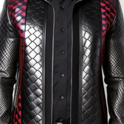 Crocodile leather jacket zip front colour black and deep pink.