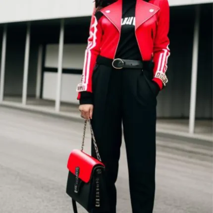 Red and white cropped leather jacket