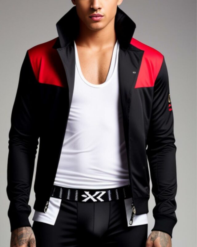 Zip front jersey jacket in black and red