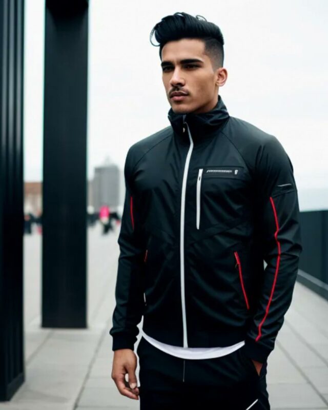 Zip front jersey jacket in black and red detail