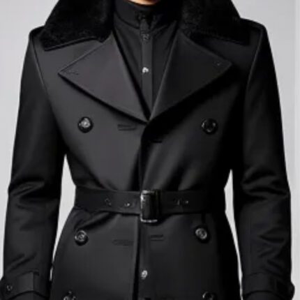 Double breasted fur collar coat in black