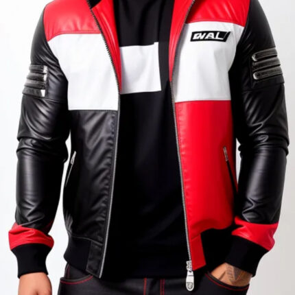 Biker style jacket in red, black and white.