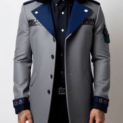 Short single breasted coat in grey and royal blue