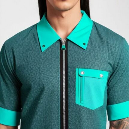 Jersey knit with front zip and neck collar in jade